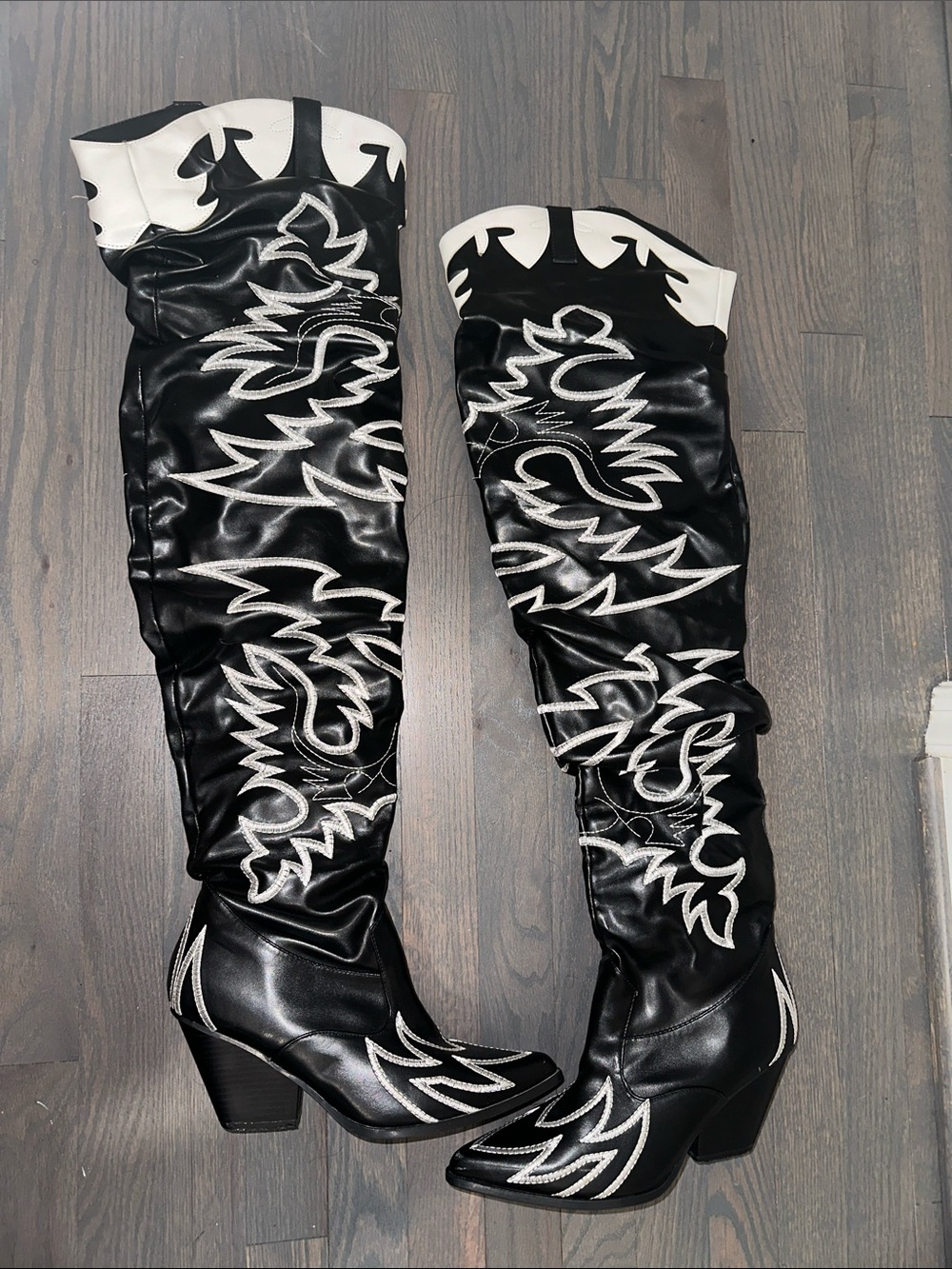 Black Over-the-Knee Western Boots with White Stitching